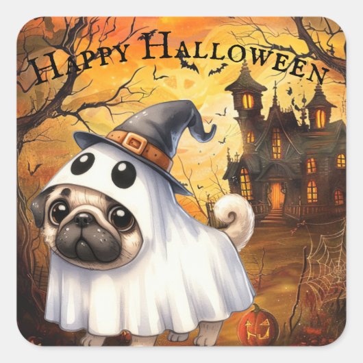 かわいいゴーストパグ カスタマイズハロウィン スクエアシール (正面)