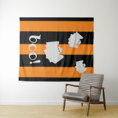 かわいいゴースト ハロウィン オレンジ 黒 ストライプ 背景 タペストリー (インサイチュ(横))