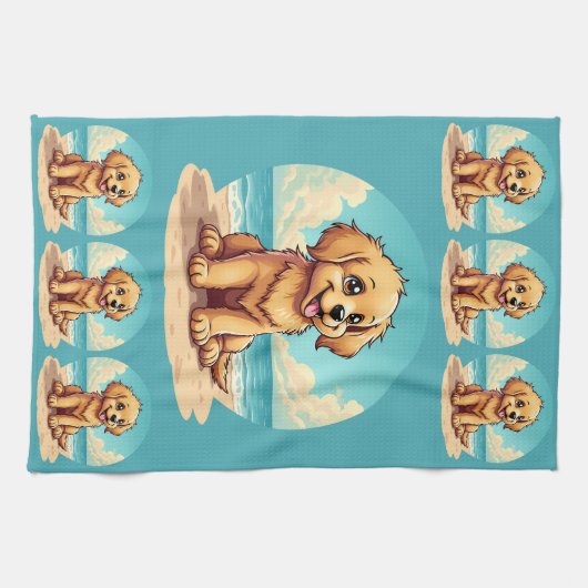 かわいいゴールデンパピーと太陽のビーチシーン キッチンタオル (横)