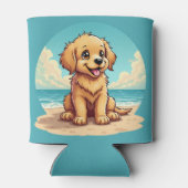 かわいいゴールデンパピーと太陽のビーチシーン 缶クーラー (裏面)