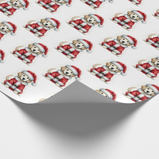 かわいいゴールデンレトリエバーサンタクロースクリスマス ラッピングペーパー (角)
