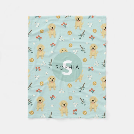 かわいいゴールデンレトリエバードッグモノグラムの子供 フリースブランケット (正面)