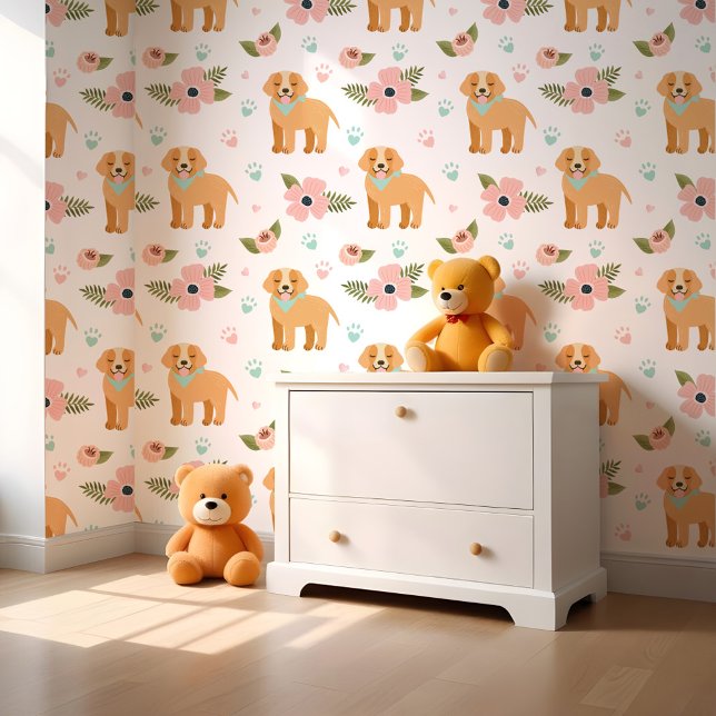 かわいいゴールデンレトリエバーパピー&フローラルパターン 壁紙 (Cute Golden Retriever Puppies & Floral Pattern Wallpaper)