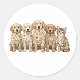 かわいいゴールデンレトリバーの子犬と子猫 ラウンドシール
