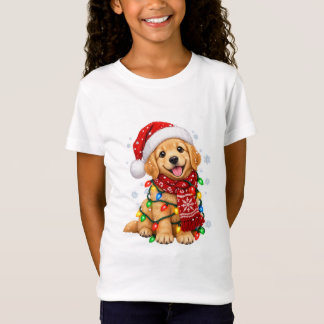 かわいいゴールデンレトリバーの子犬のクリスマス ライト サンタ Tシャツ