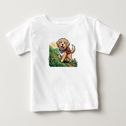 かわいいゴールデンレトリバーの子犬の冒険 ベビーTシャツ (正面)