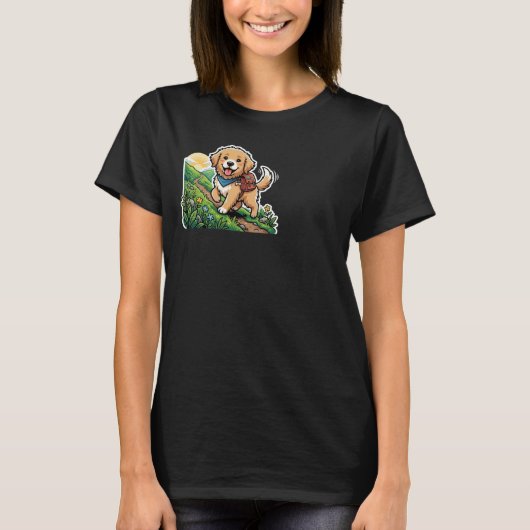 かわいいゴールデンレトリバーの子犬の冒険 Tシャツ (正面)