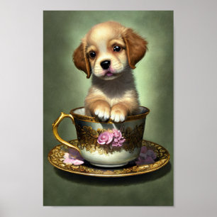 かわいいゴールデンレトリバーの子犬inティーカップ ポスター