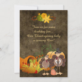 かわいいゴールデン感謝祭トルコ男の子の1歳の誕生日 招待状