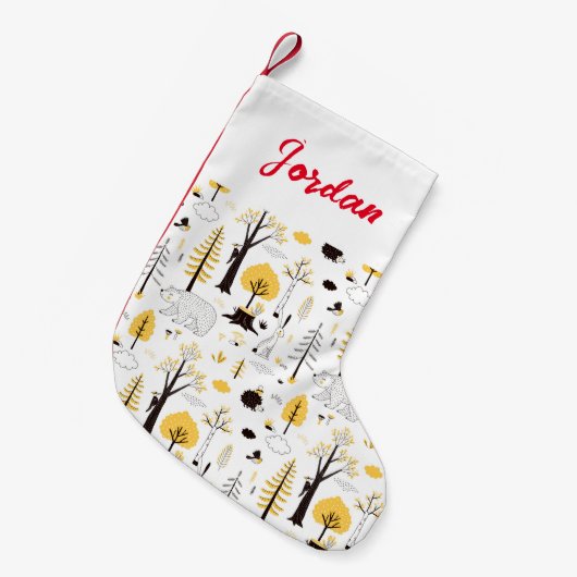 かわいいゴールデン・ウッズのシーンパターン スモールクリスマスストッキング (正面 (吊り時))