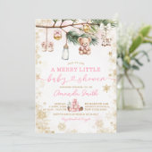 かわいいゴールドのクリスマス ピンクのベビーシャワー 招待状 (スタンド正面)