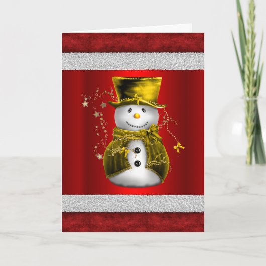 かわいいゴールドの雪だるまが赤いクリスマス カード (正面)