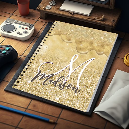 かわいいゴールドオンブルグリッターが滴るモノグラム ノートブック