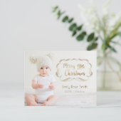 かわいいゴールドカリグラフィー最初のクリスマス写真カード シーズンポストカード (スタンド正面)