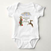 かわいいゴールドグリッター ツリー 鹿の赤ちゃん ファーストクリスマス ベビーボディスーツ (正面)