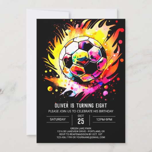 かわいいゴール水彩色サッカー誕生日 招待状 (正面)