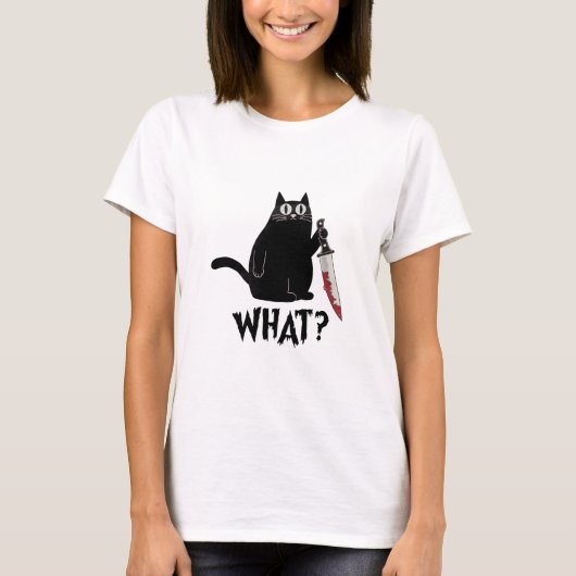 かわいいサイコおもしろいダークブラック猫とナイフ Tシャツ (正面)