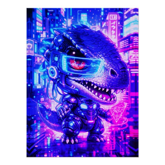 かわいいサイバーパンク恐竜ネオンシティちびキャラ壁画 ポスター (正面)
