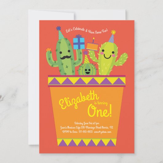 かわいいサクタス砂漠の子どもたち1歳の誕生日メキシコパーティー 招待状 (正面)