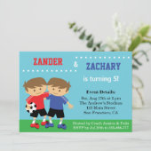 かわいいサッカーの双子,サッカーの子供の誕生日パーティー 招待状 (スタンド正面)