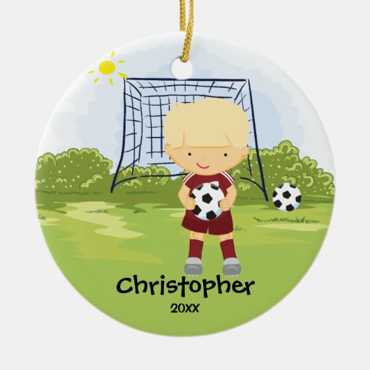 かわいいサッカーの選手のスポーツのクリスマスのオーナメント セラミックオーナメント (正面)