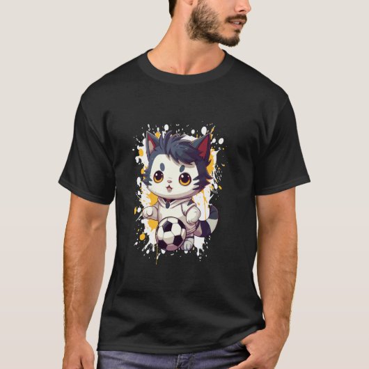 かわいいサッカーをする猫のコミック Tシャツ (正面)