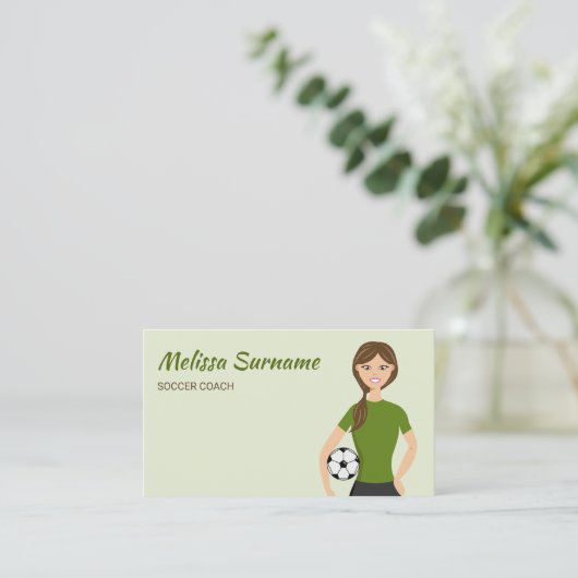 かわいいサッカーコーチガールイラストレーショングリーン 名刺 (スタンド正面)