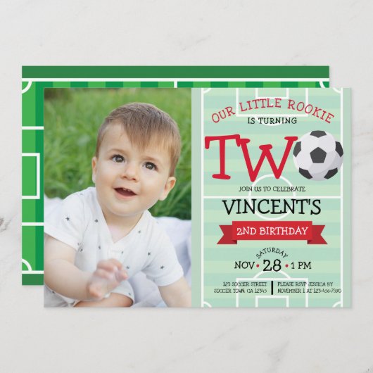 かわいいサッカーフィールド&リボン写真2nd誕生日 招待状 (正面/裏面)