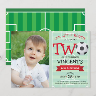 かわいいサッカーフィールド&リボン写真2nd誕生日 招待状