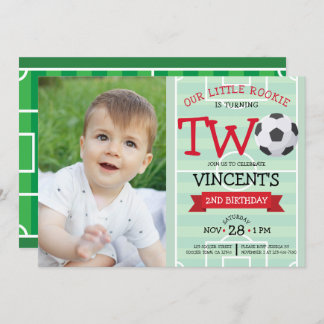 かわいいサッカーフィールド&リボン写真2nd誕生日 招待状