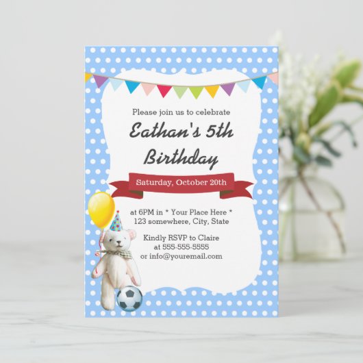 かわいいサッカーベアーブルー水玉模様誕生会 招待状 (スタンド正面)
