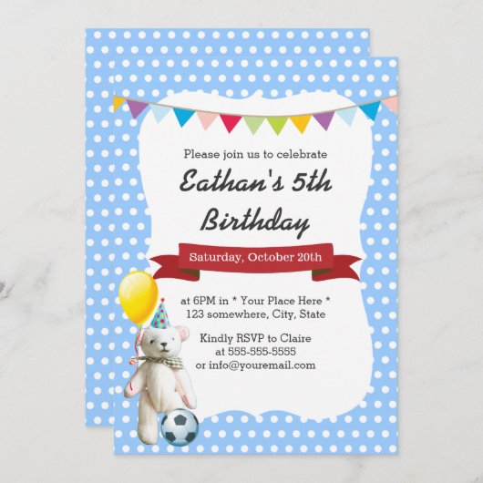かわいいサッカーベアーブルー水玉模様誕生会 招待状 (正面/裏面)