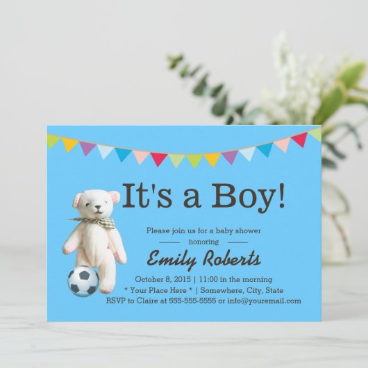 かわいいサッカーベアーボーイベビーシャワー招待状 招待状 (スタンド正面)