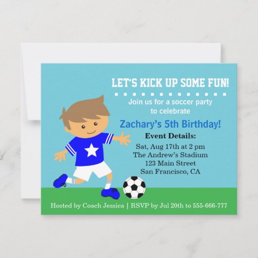 かわいいサッカーボーイ、サッカーの誕生日パーティー 招待状 (正面)