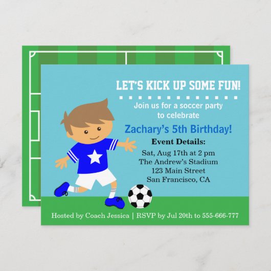 かわいいサッカーボーイ，サッカーをテーマにした誕生パーティー 招待状 (正面/裏面)
