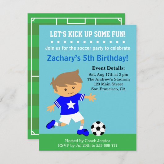 かわいいサッカーボーイ，サッカーをテーマにした誕生パーティー 招待状 (正面/裏面)