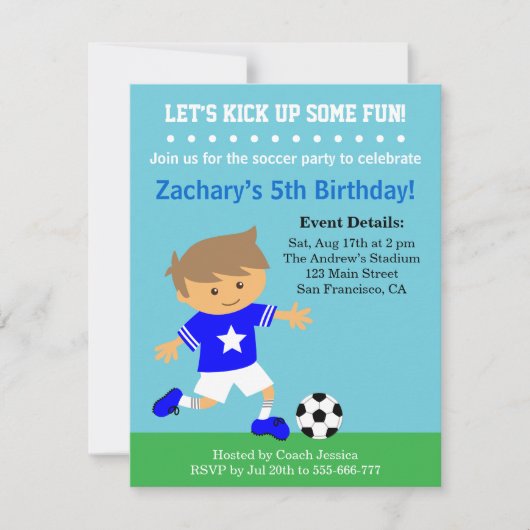かわいいサッカーボーイ、サッカー 誕生日パーティー 招待状 (正面)
