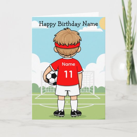 かわいいサッカーボーイ 赤いシャツの誕生日カード カード (正面)
