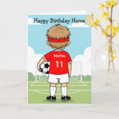 かわいいサッカーボーイ 赤いシャツの誕生日カード カード (黄色い花)