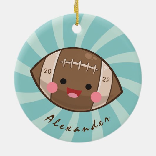 かわいいサッカーボールキッズプレイヤーの名前チーム年 セラミックオーナメント (裏面)