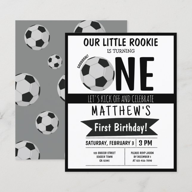 かわいいサッカーボールリボン予算1回目の誕生日の招待 (正面/裏面)