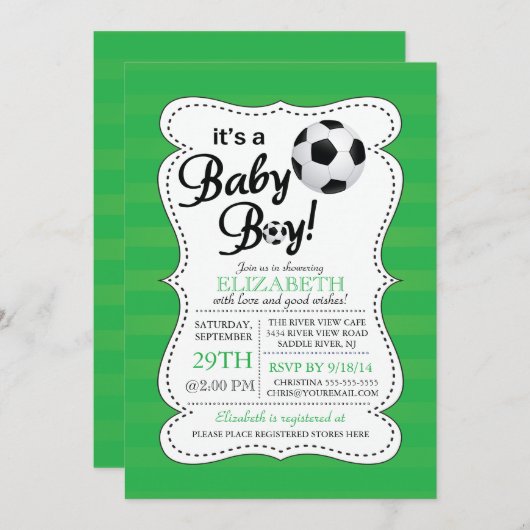 かわいいサッカー男の赤ちゃんの赤ちゃんシャワー 招待状 (正面/裏面)