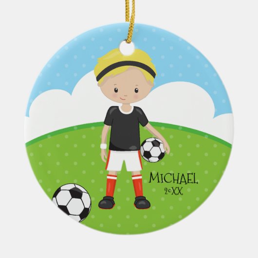 かわいいサッカー選手の名前入りクリスマス セラミックオーナメント (正面)