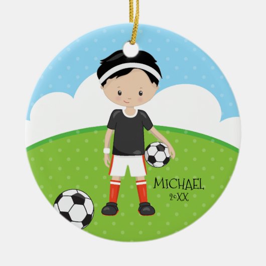 かわいいサッカー選手の名前入りクリスマス セラミックオーナメント (正面)