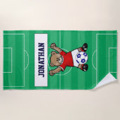 かわいいサパーソナライズされたッカーテディベア（赤） ビーチタオル (正面)