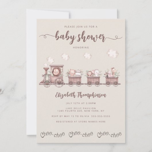 かわいいサファリのベビーアニマルがベビーシャワーをトレーニング 招待状 (正面)