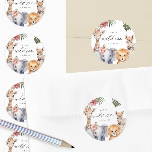 かわいいサファリのベビーアニマルガールシャワーシール ラウンドシール
