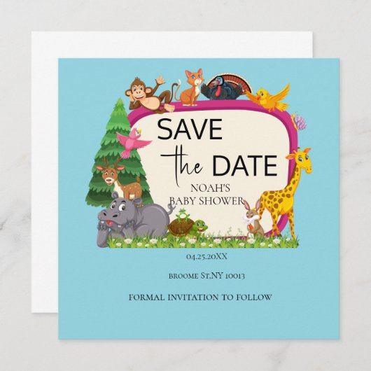 かわいいサファリの動物の緑の赤ちゃんシャワー セーブザデート (正面/裏面)