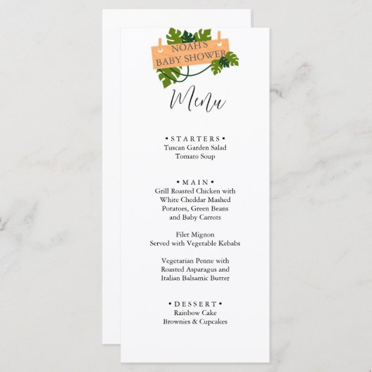 かわいいサファリの動物の緑の赤ちゃんシャワー メニュー (正面/裏面)