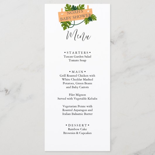 かわいいサファリの動物の緑の赤ちゃんシャワー メニュー (正面)